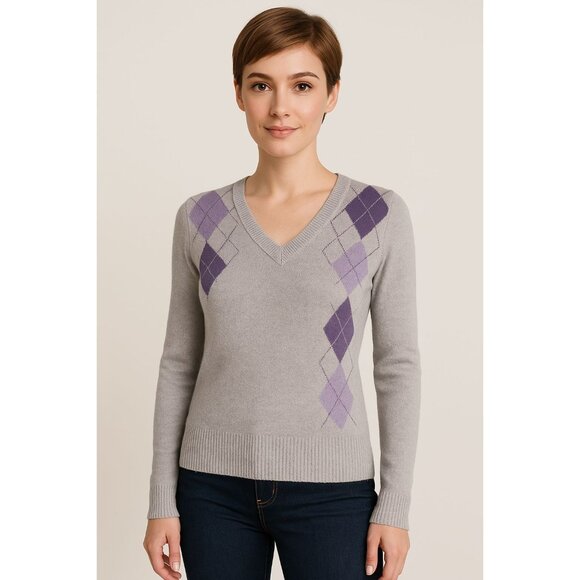 Sweater Argyle V Neck DKNY Jeans Gray Purple Women's WOMAN'S Medium - Picture 10 of 10
